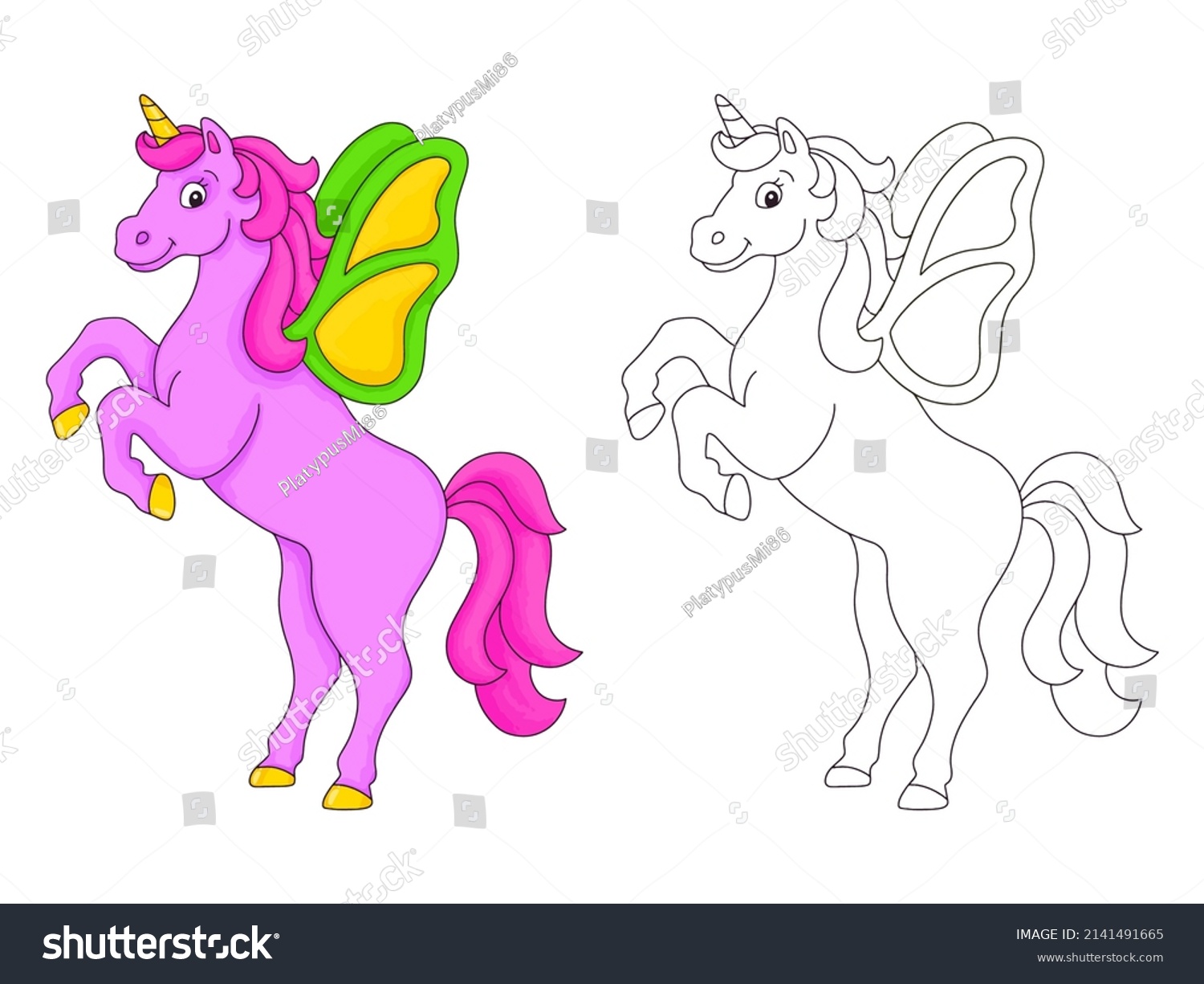 Unicorn wings reared coloring book page stock vector royalty free