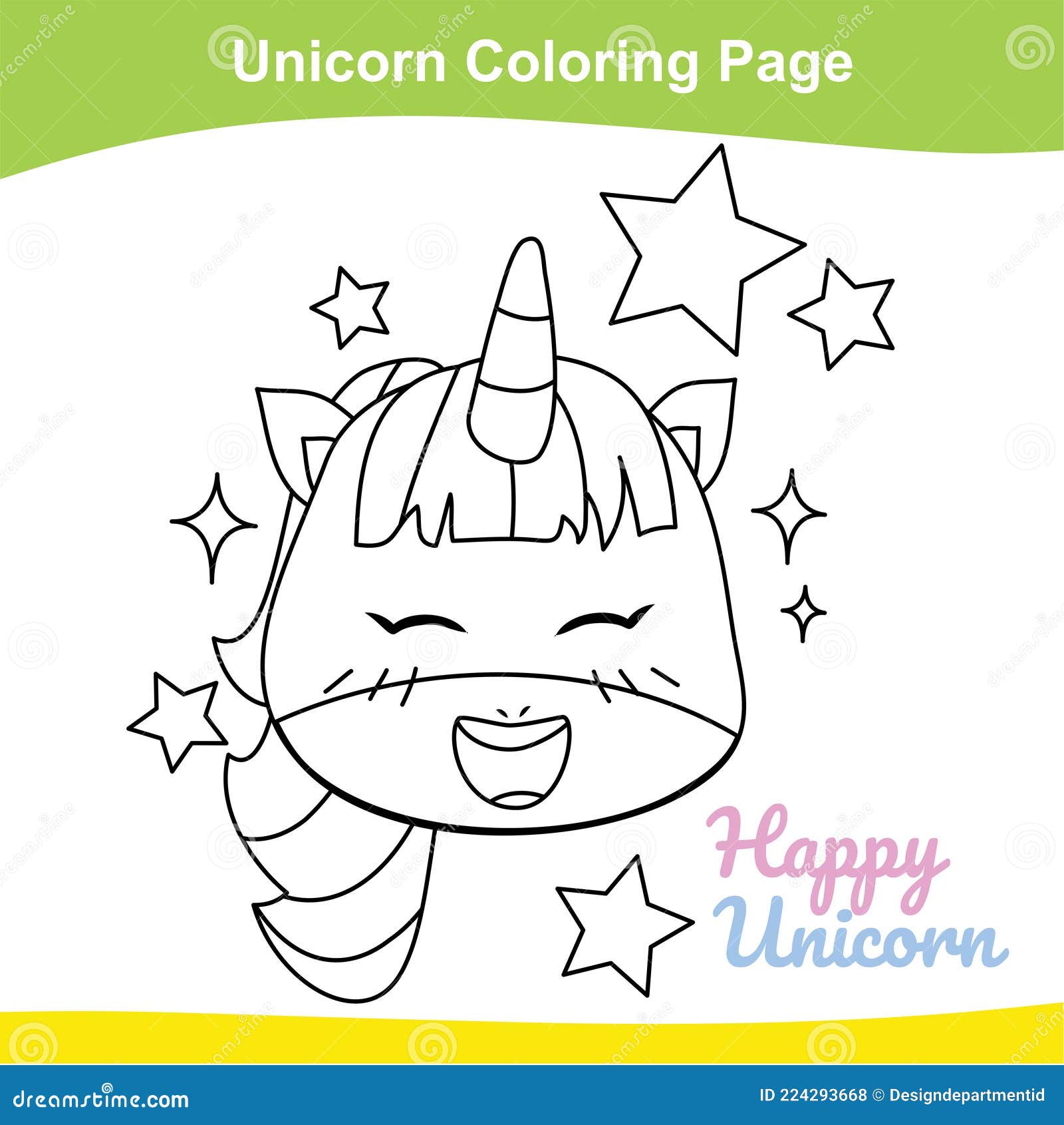 Unicorn coloring worksheet page coloring happy unicorn worksheet page educational printable coloring worksheet stock vector