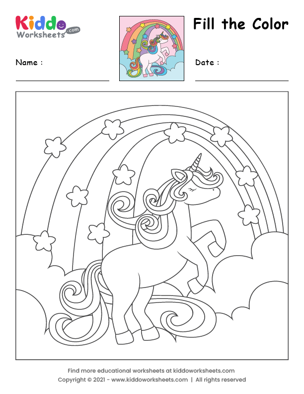 Free printable fill the color unicorn worksheet