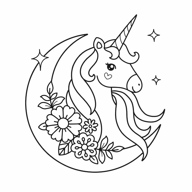 Dibujo de unicornio con flor y media luna para colorear e imprimir vector premium