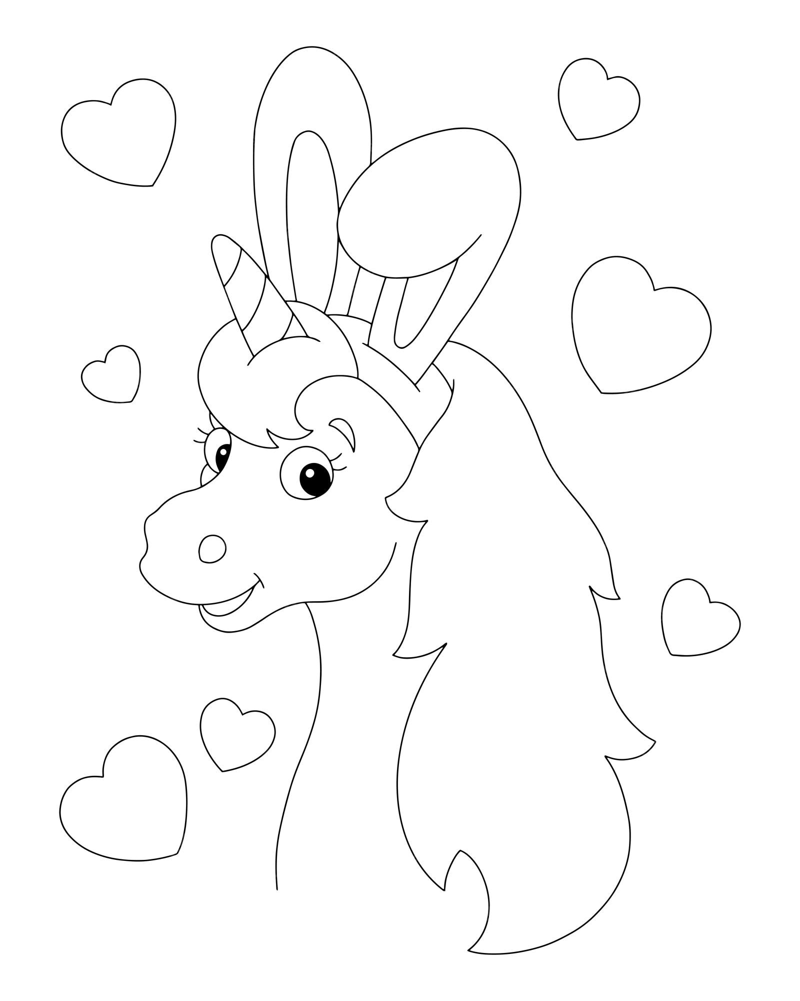 Premium vector magic unicorn head with bunny ears fairy horse coloring book page for kids cartoon style character