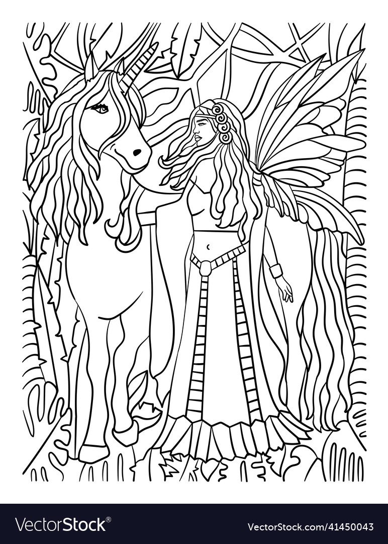 Unicorn walking with fairy coloring page for adult