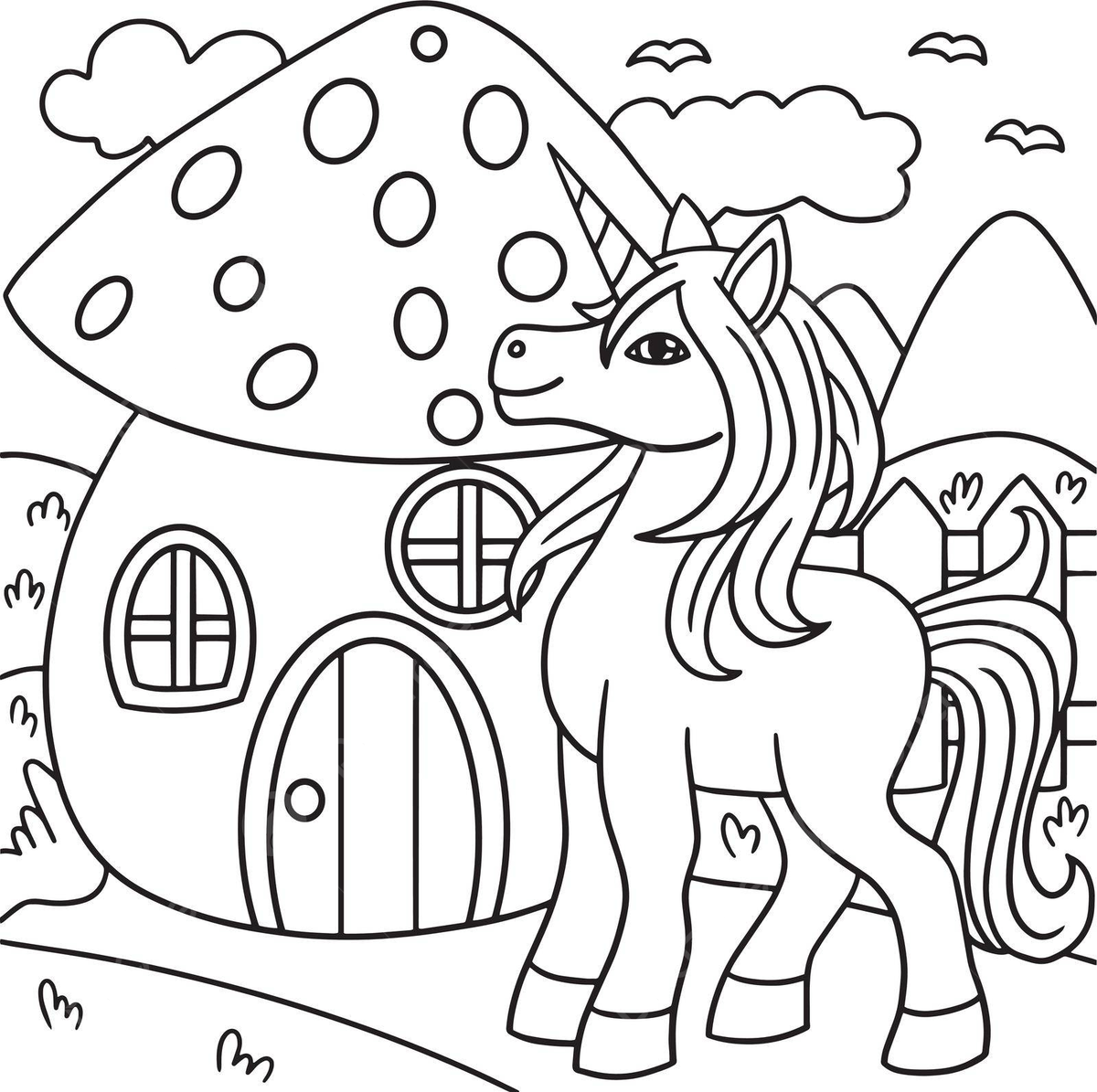 Unicorn in front of mushroom coloring page kids coloring book fairy vector mushroom drawing book drawing unicorn drawing png and vector with transparent background for free download