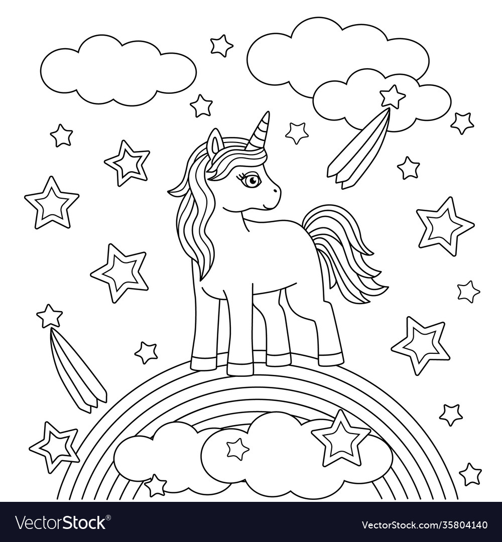 Coloring book for kids with a unicorn on rainbow vector image