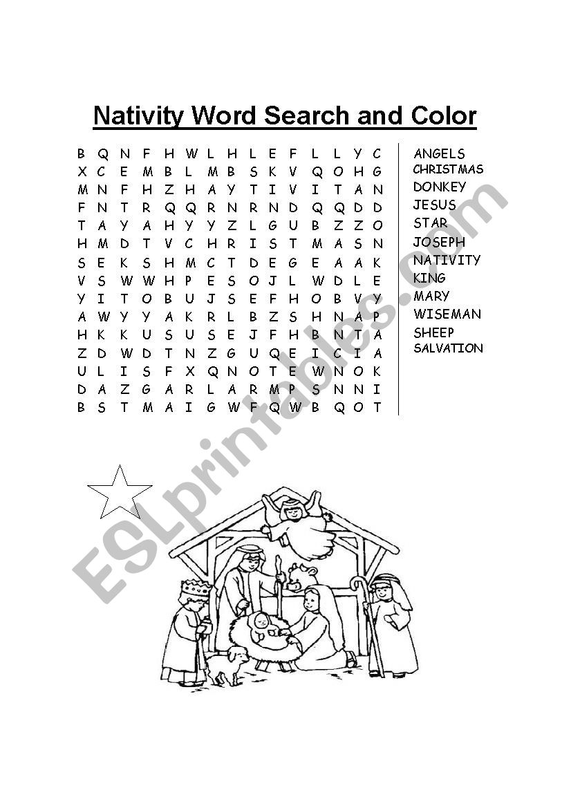 Nativity word search and color