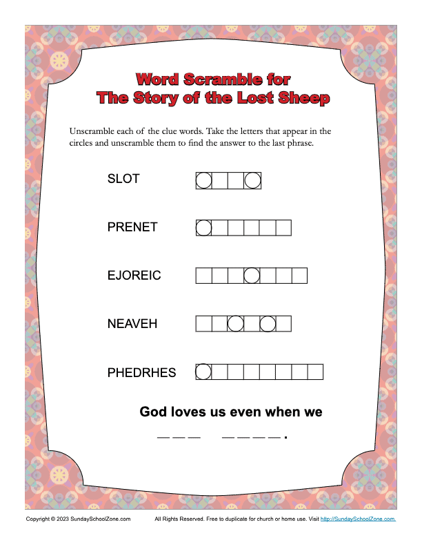 Word scramble puzzles bible lesson activities for children