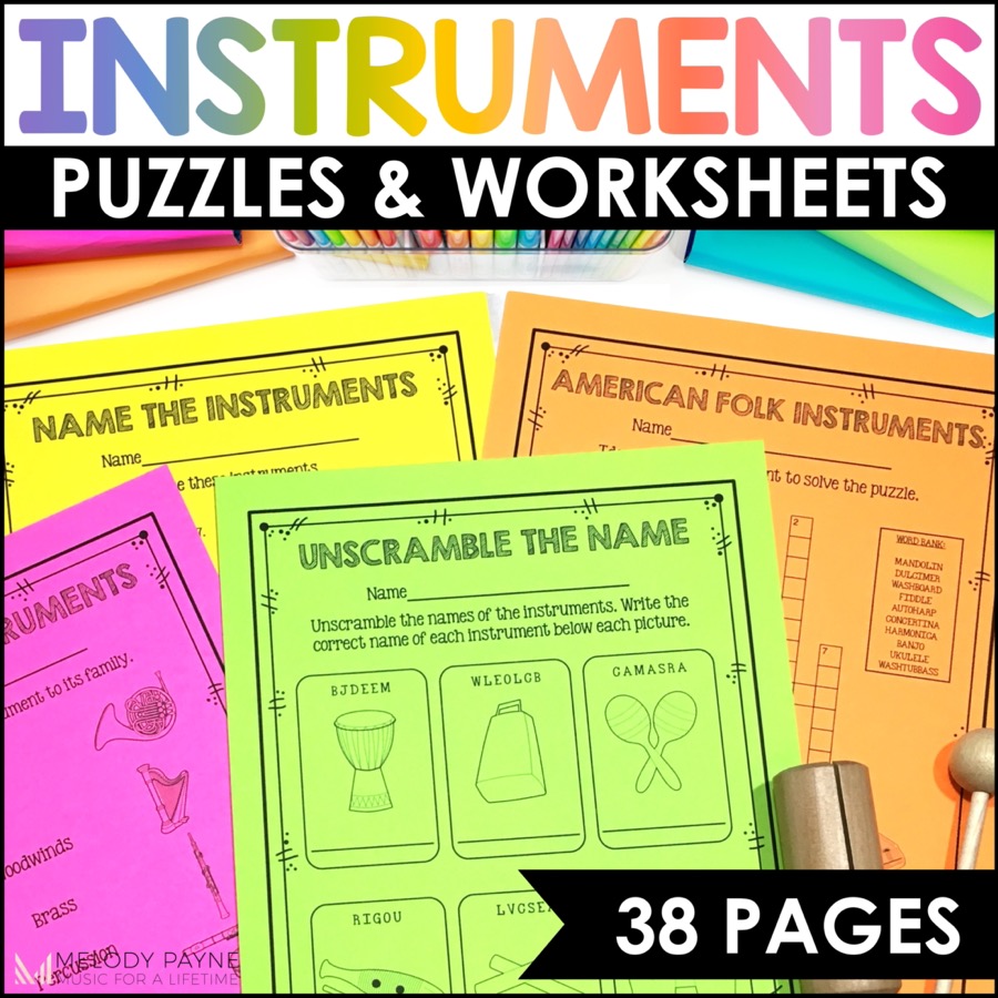 Musical instrument worksheets and crossword puzzles for elementary music class