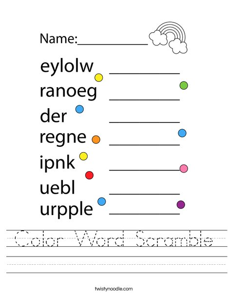 Color word scramble worksheet