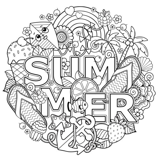Ilustraciãn de dibujo para colorear vectorial de garabatos para adultos conjunto de elementos de verano para vacaciones fiesta y descanso y mãs vectores libres de derechos de verano
