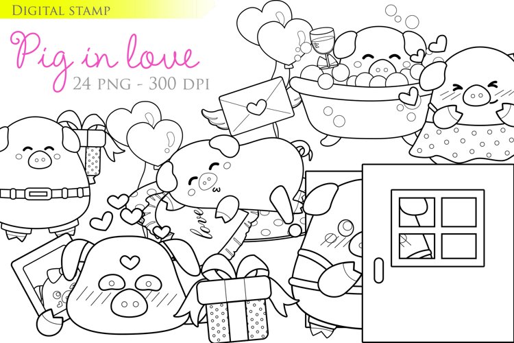 Cute pigs in love valentines day digital stamp outline