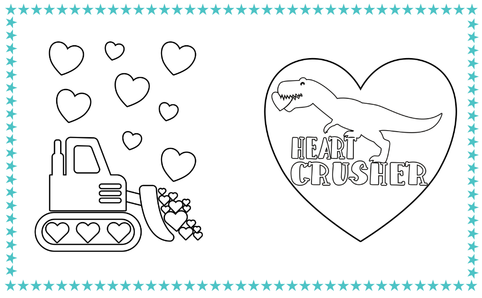 Valentines day coloring book for boys for kids boys and girls pages with train tractor digger truck cars robots dinosaurs hearts publishing small planet books