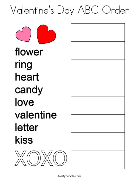 Valentines day abc order coloring page