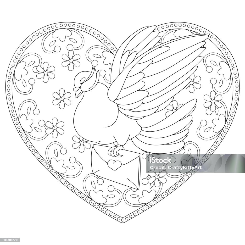 Valentines day coloring page with dove love letter and vintage floral heart stock illustration