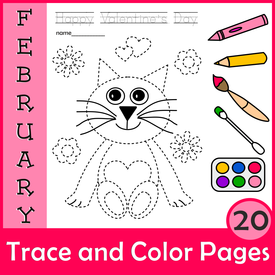 Valentines day trace and color pages fine motor skills pre