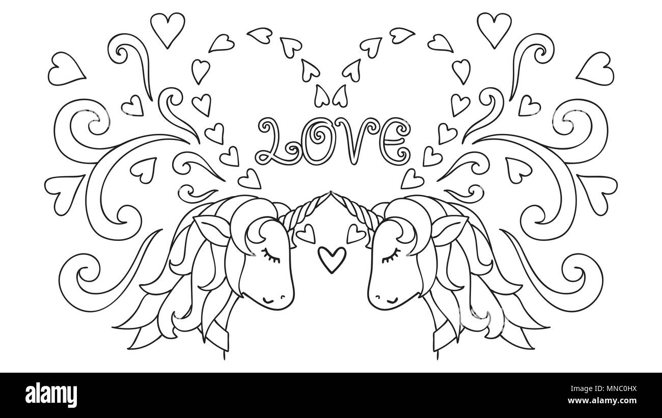 Hand drawn unicorn magical animal vector artwork black and white coloring book pages for adults and kids happy valentines day card vector illust stock vector image art