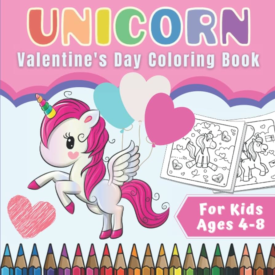 Unicorn valentines day coloring book for kids ages