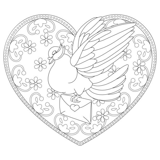 Valentines day coloring page with dove love letter and vintage floral heart stock illustration