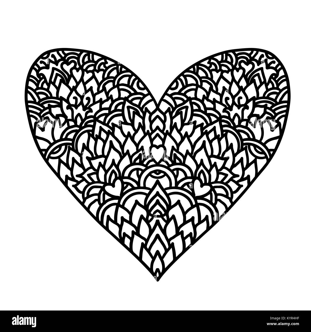 Handdrawn zentangle herz mandala sign fãr st valentinstag karten malbuch muster vector schwarz und weiã doodle abbildung stock