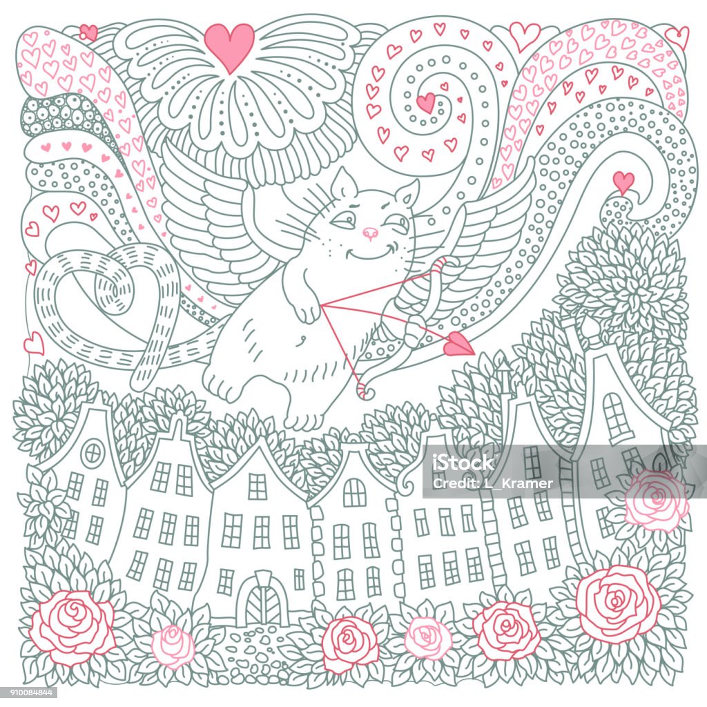 Vektorvalentinstagkarte fliegen amor katze herz rose blume haus silhouette erwachsene und kinder malvorlagen buch platz handgezeichnete kontur dãnne linie schwarz weiãskizze tshirt druck batik stock vektor art und mehr bilder von abstrakt