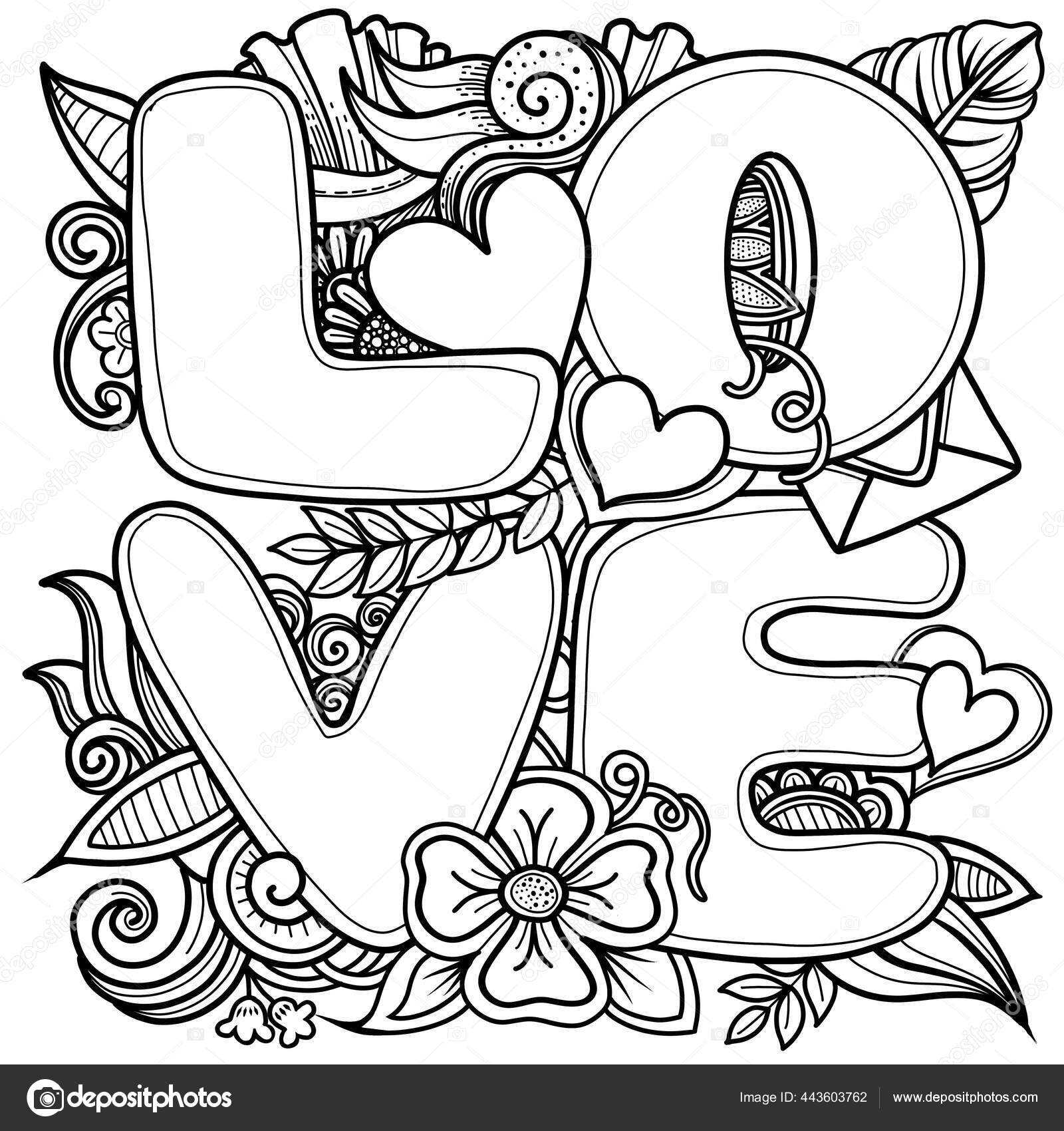 Wortliebe mit floralem ornament buchstaben malvorlagen fãr erwachsene und kinder stock