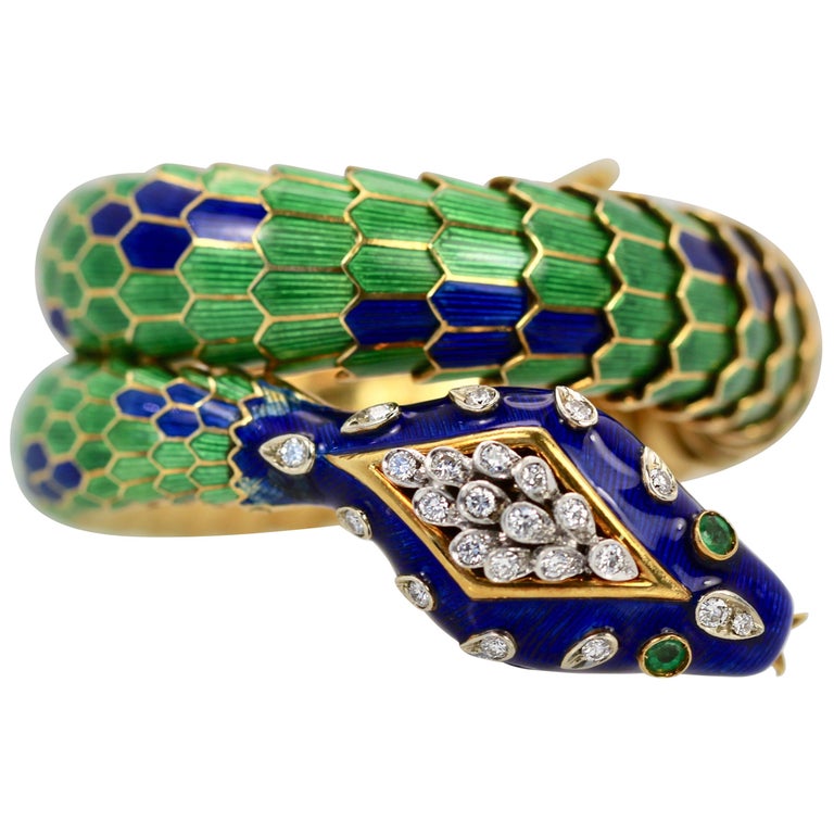 Pulsera serpiente articulada esmaltada cabeza de diamante kilates en venta en