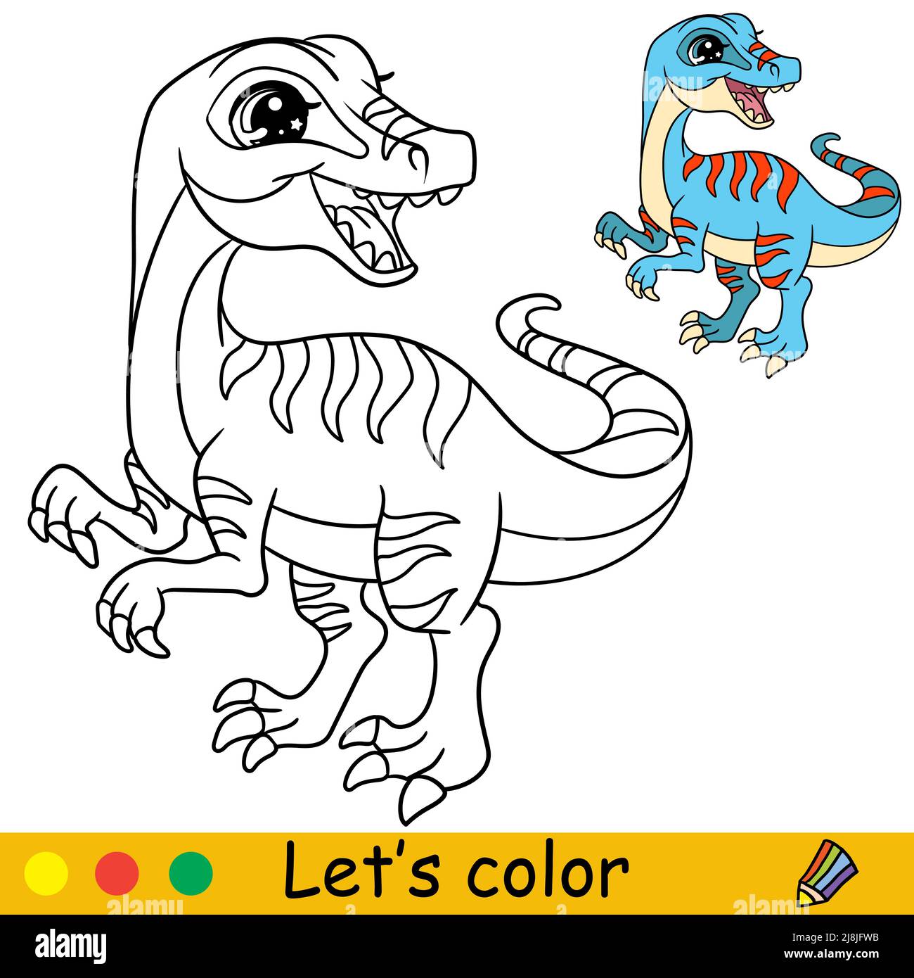 Cartoon cute funny dinosaur velociraptor coloring book page with colorful template for kids vector isolated illustration for coloring book print stock vector image art