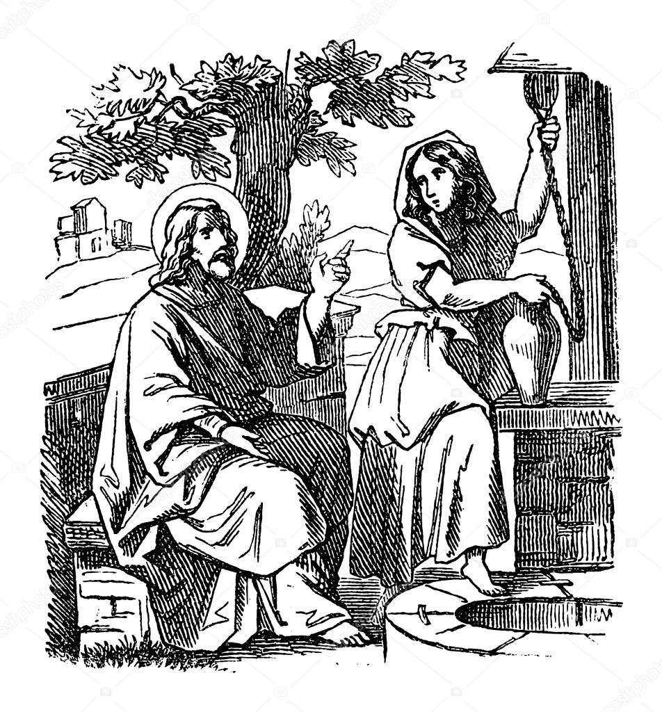 Dibujo vintage de la historia bãblica de jesãºs habla con la mujer samaritana cerca de wellbible nuevo testamento juan vector de stock de ursuszdeneksasek