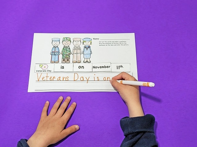 Free veterans day sentence writing activity