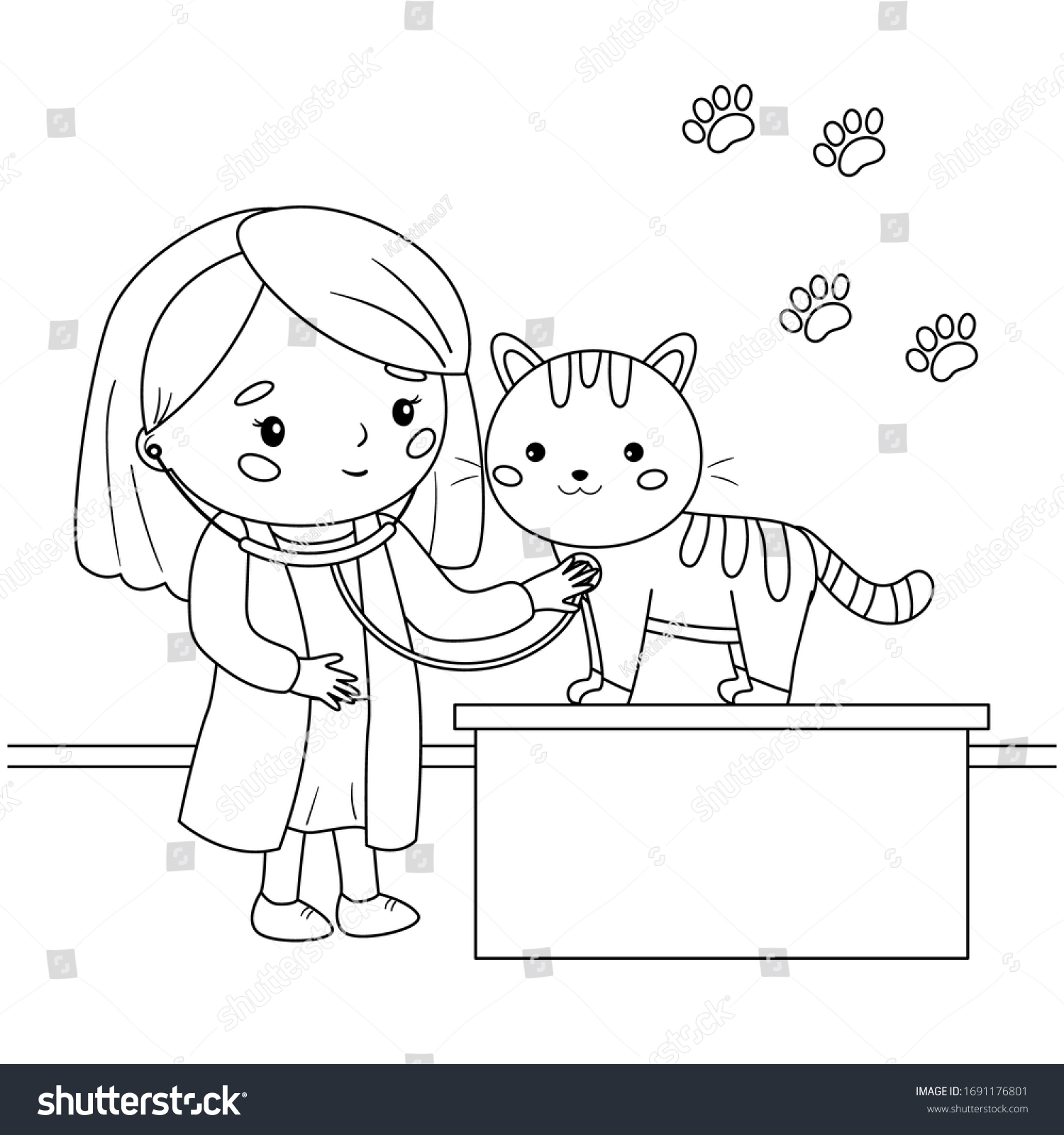 Veterinarian stethoscope listens cat coloring page stock vector royalty free