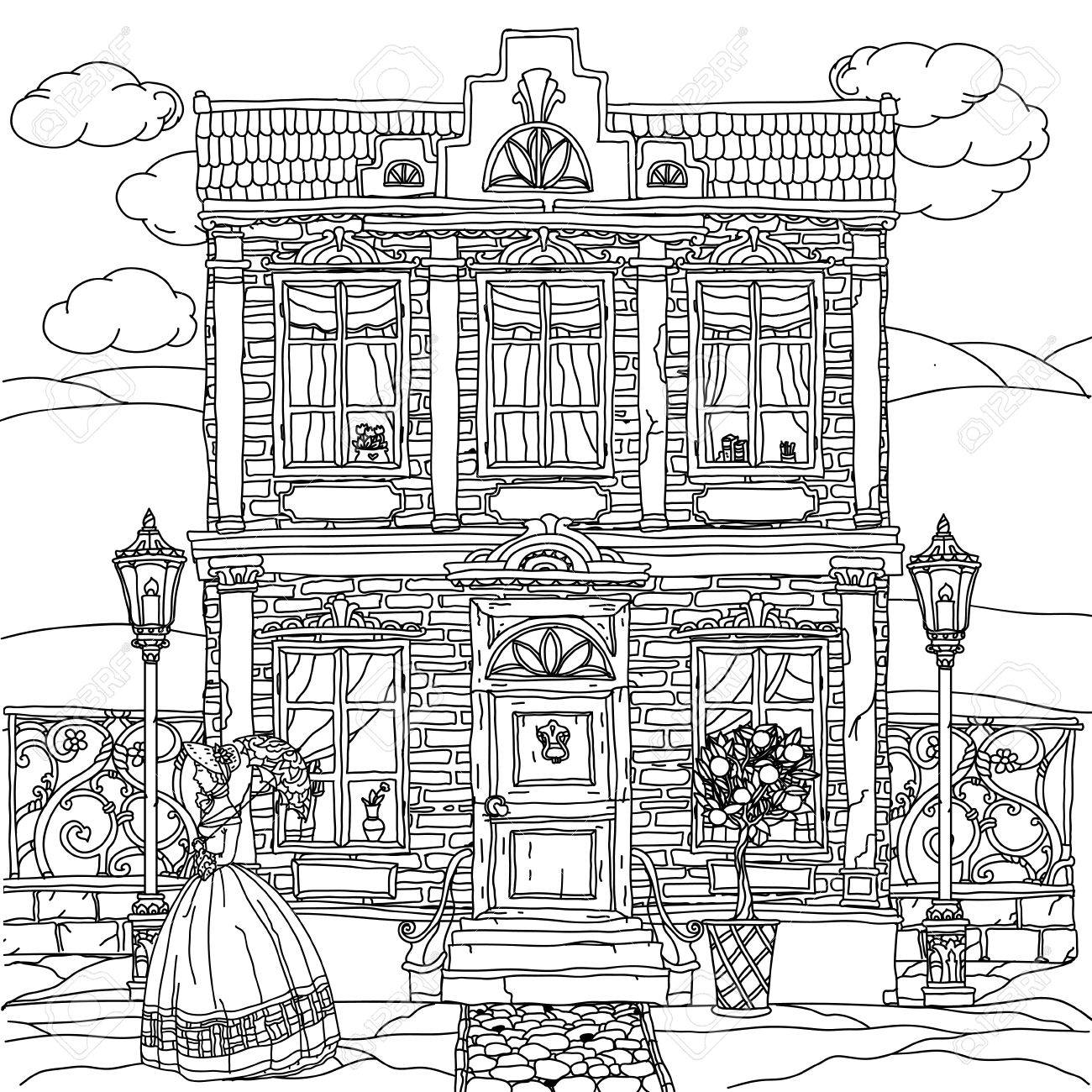 Contoured black and white victorian house with a strolling woman in crinoline with vintage umbrella for adult coloring book or for zen art therapy drawing hand