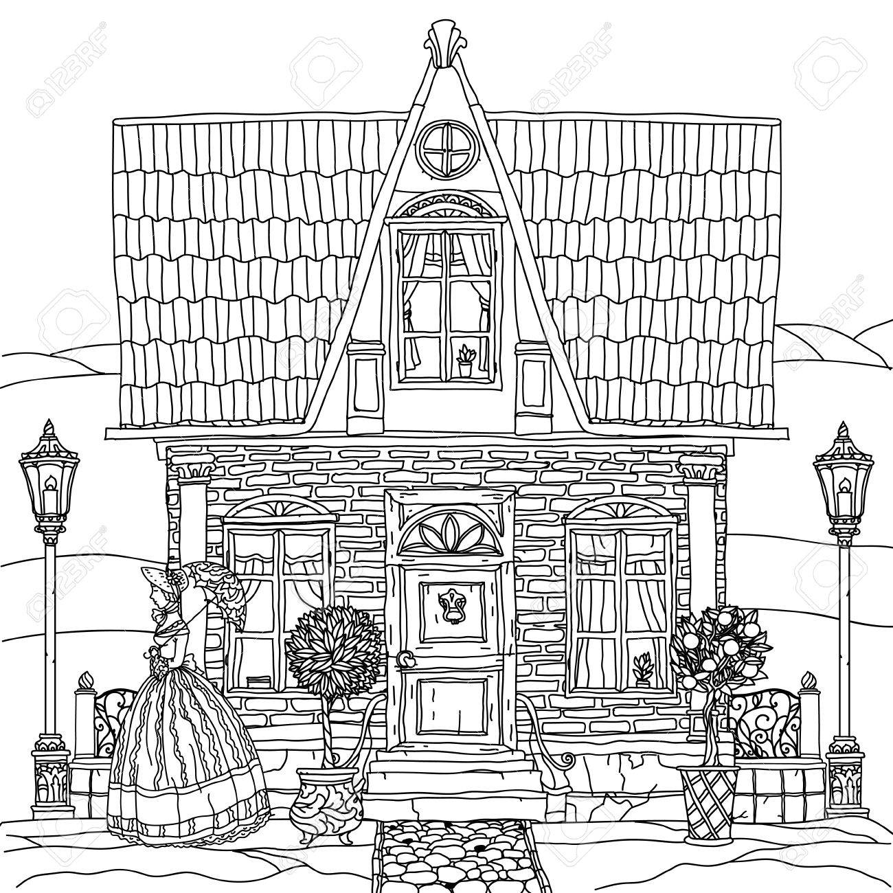 Contoured black and white victorian house with a strolling woman in crinoline with vintage umbrella for adult coloring book or for zen art therapy drawing hand