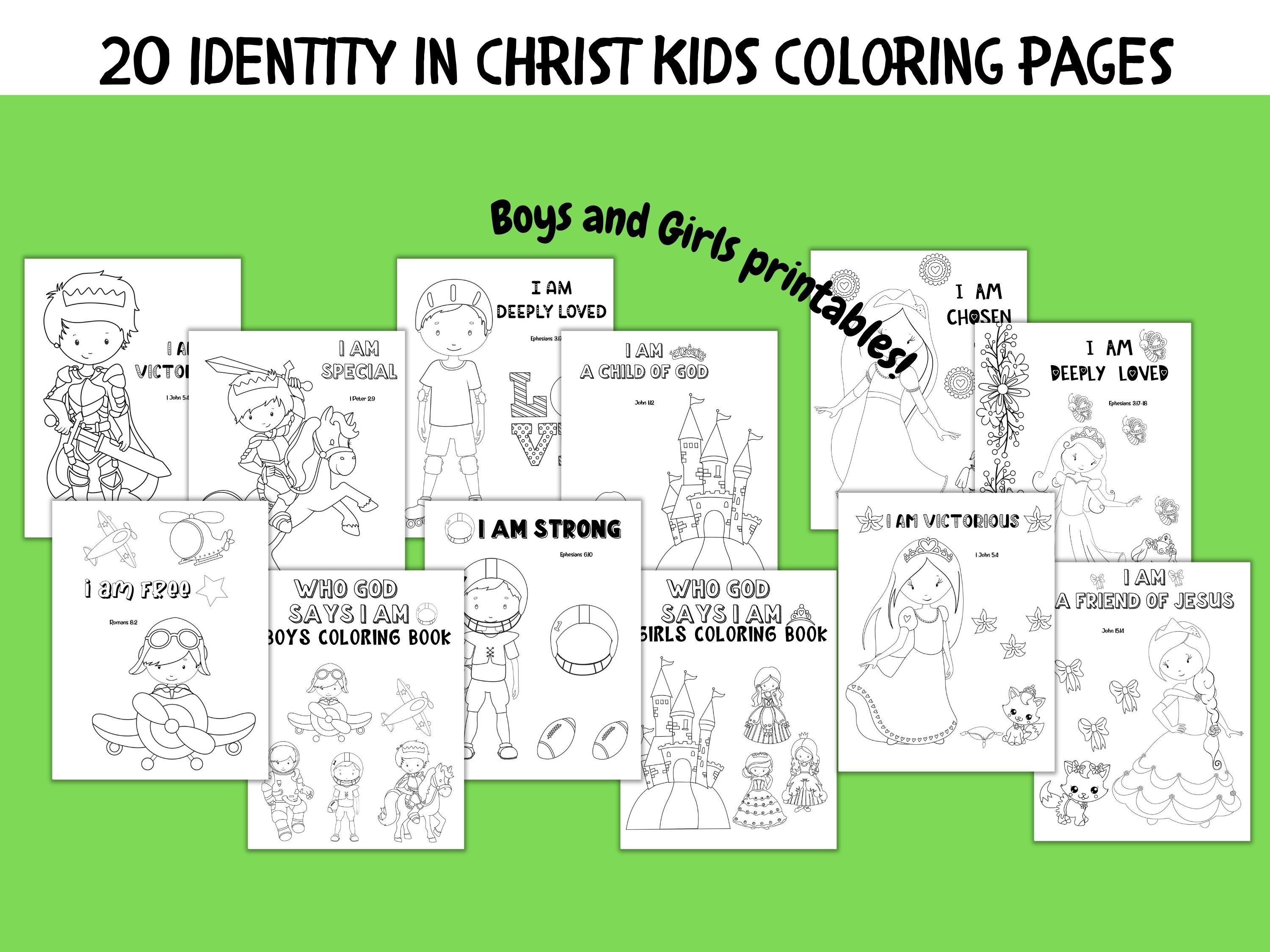 Kids bible coloring pages kids scripture coloring identity in christ boys coloring pages girls coloring sheets printable coloring pack