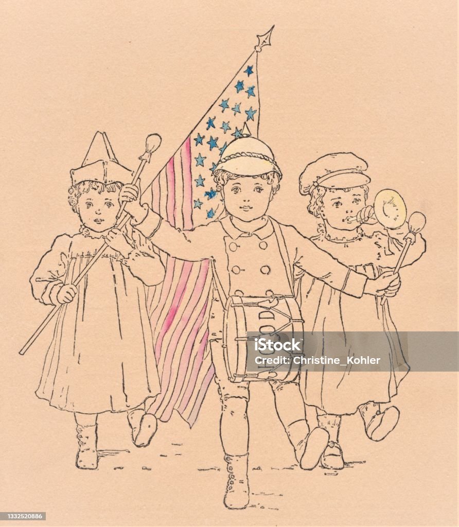 Th of july childrens parade coloring page stock illustration