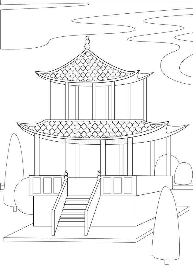 Coloring page with gazebo or architecture in asia colorless outline or linear stock vector illustration with gazebo as a coloring stock vector