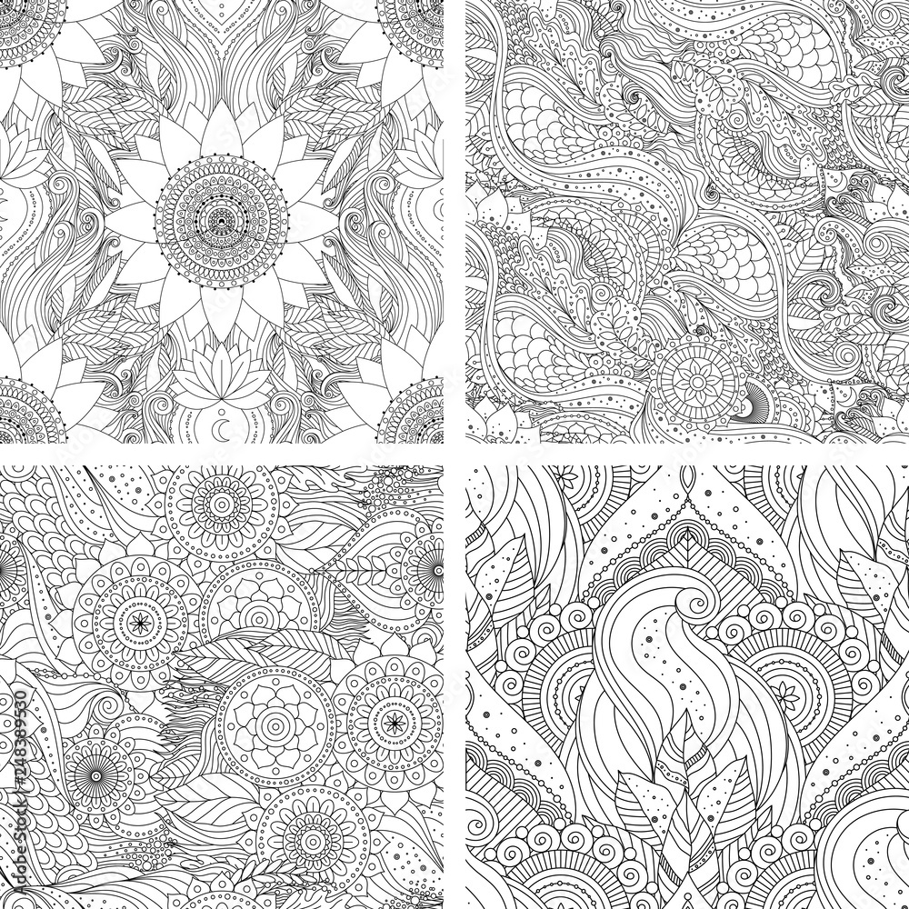 Set of tribal vintage floral ethnic seamless patterns with mandalas black and white oriental asian indian boho design vector background countour outline art for coloring book fabric textile vector