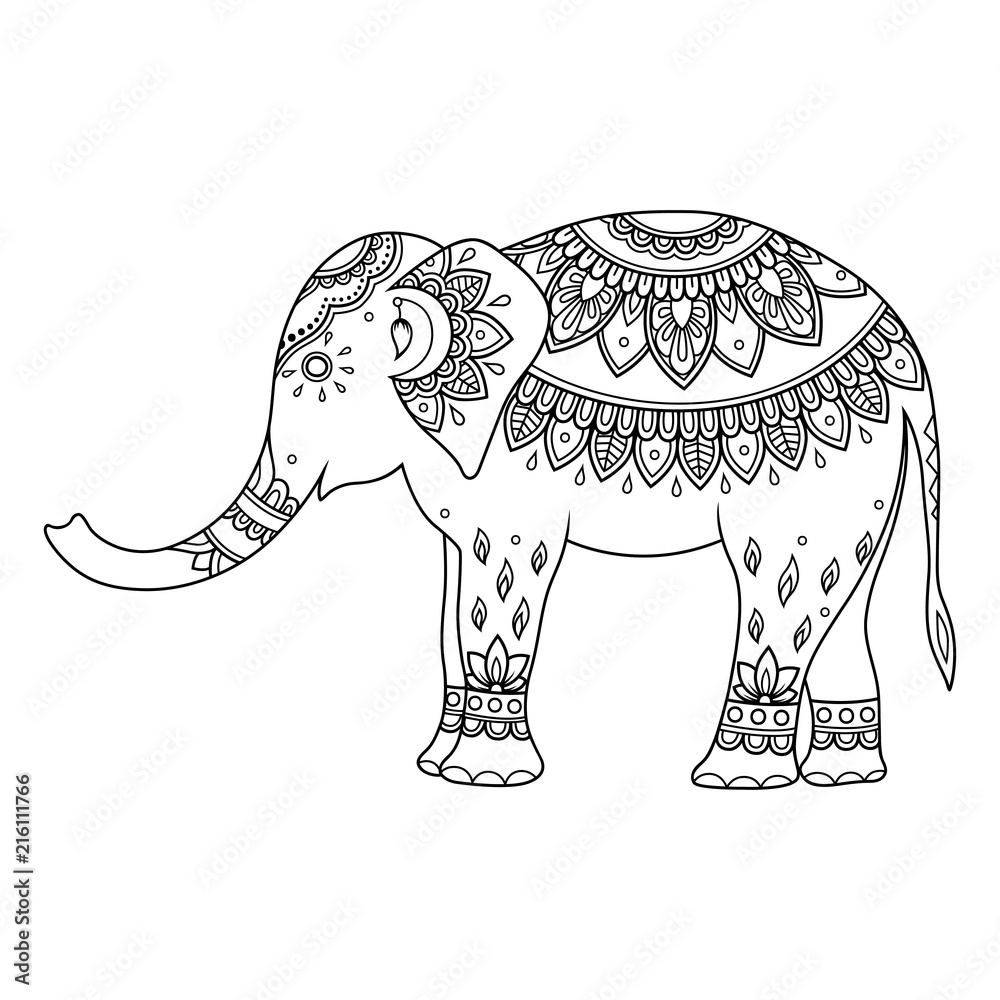 Elephant decorated with indian ethnic floral vintage pattern hand drawn decorative animal in doodle style stylized mehndi ornament for tattoo print cover book and coloring page vector