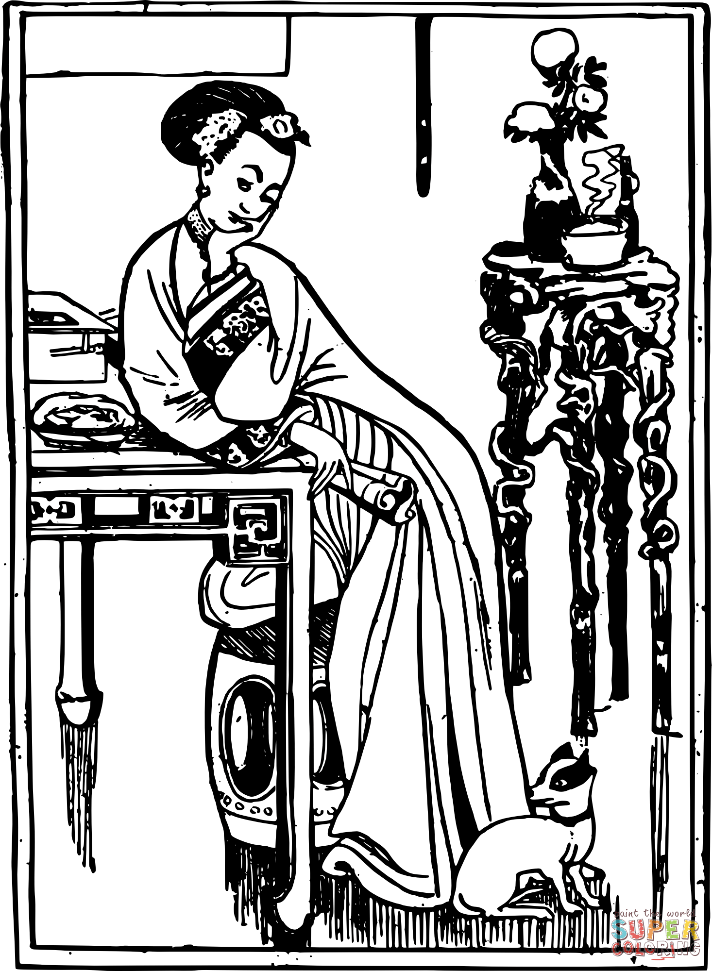 Vintage classical asian lady coloring page free printable coloring pages