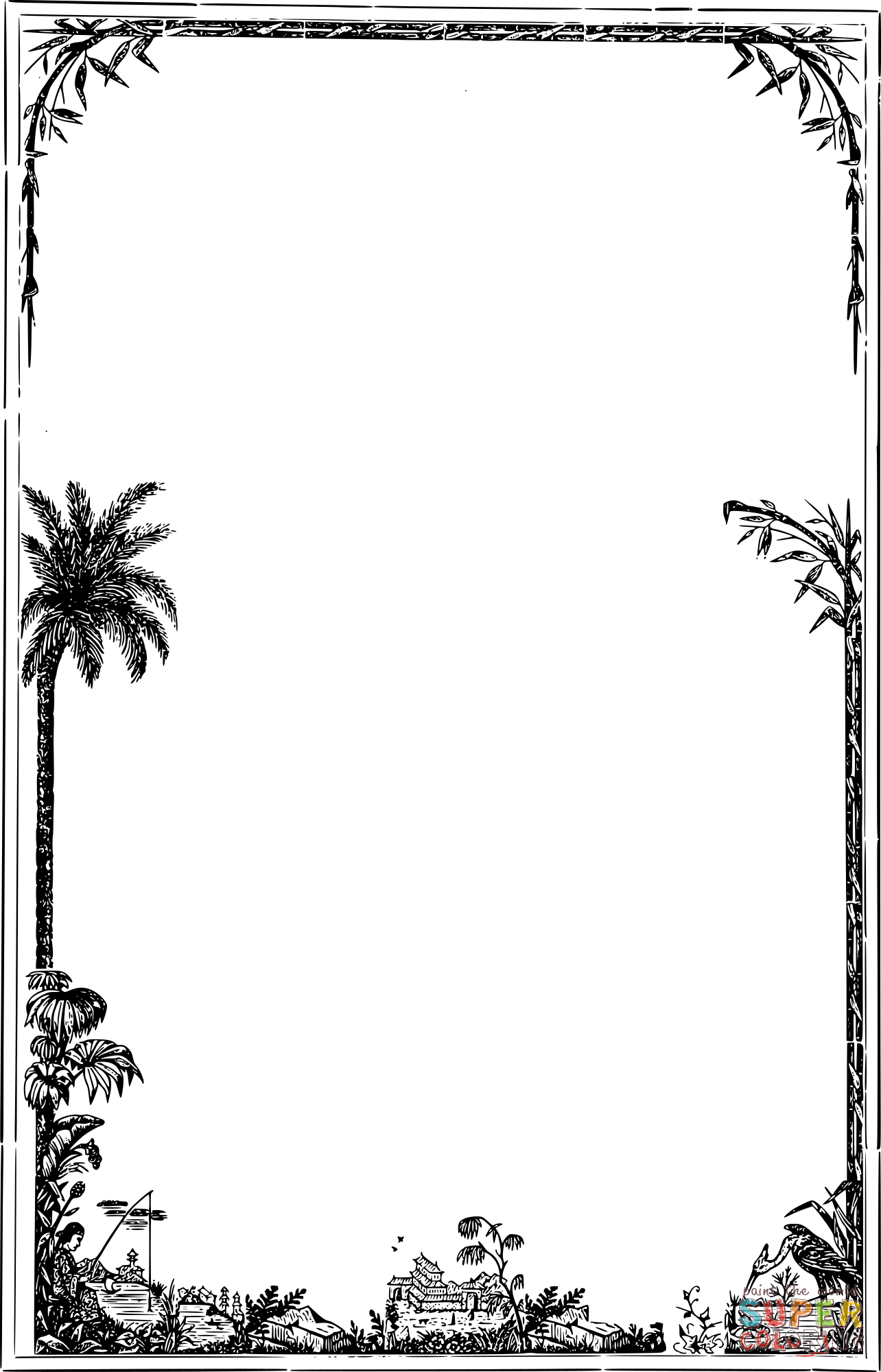 Vintage asian travel frame coloring page free printable coloring pages