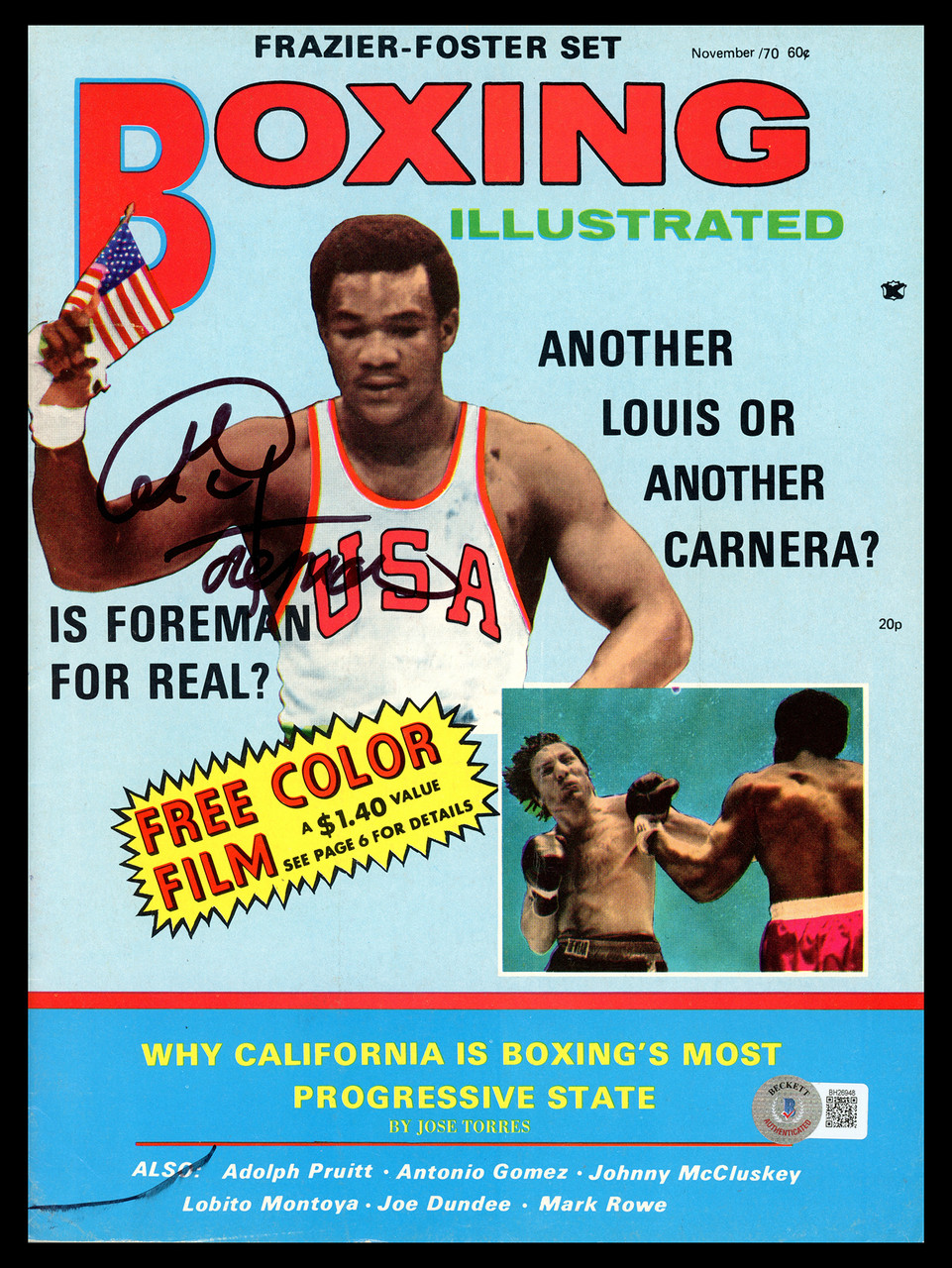 George foreman autographed boxing illustrated magazine beckett bas qr bh