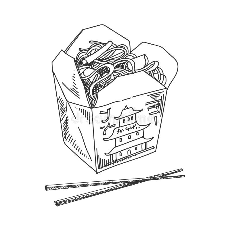 Vector hand drawn asian noodles in a box with chopsticks illustration stock vector