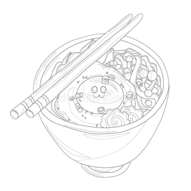 Ramen bowl with egg and fish cakes coloring page stock vector