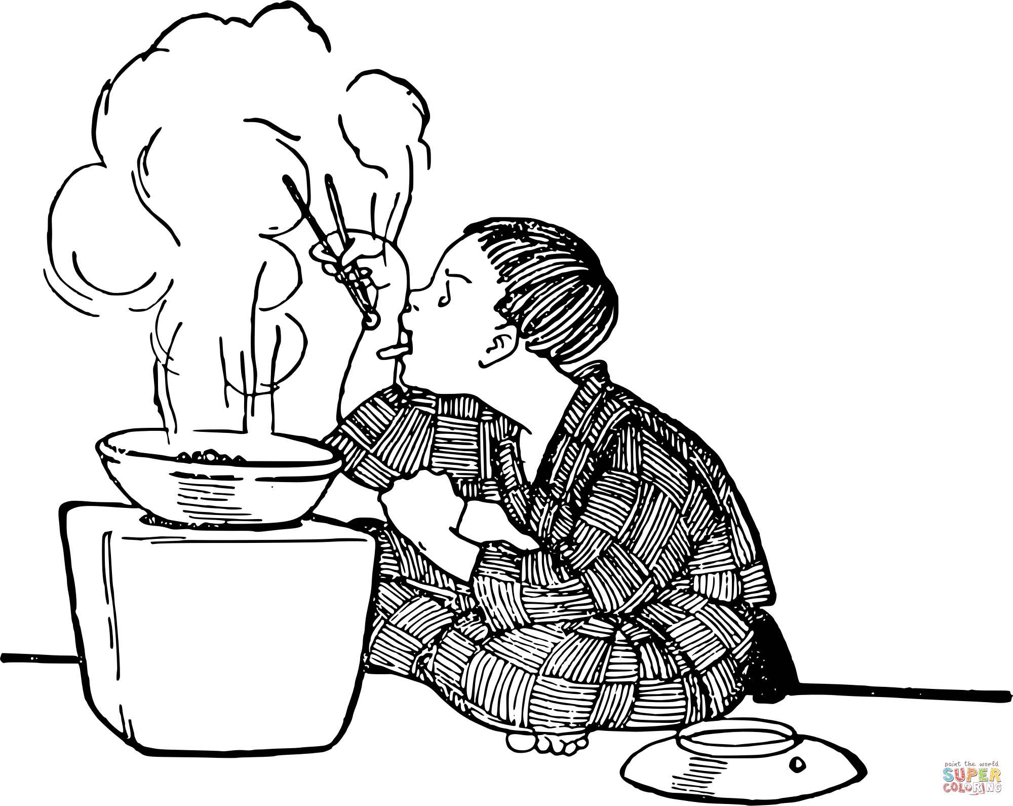 Vintage boy eats with chopsticks coloring page free printable coloring pages