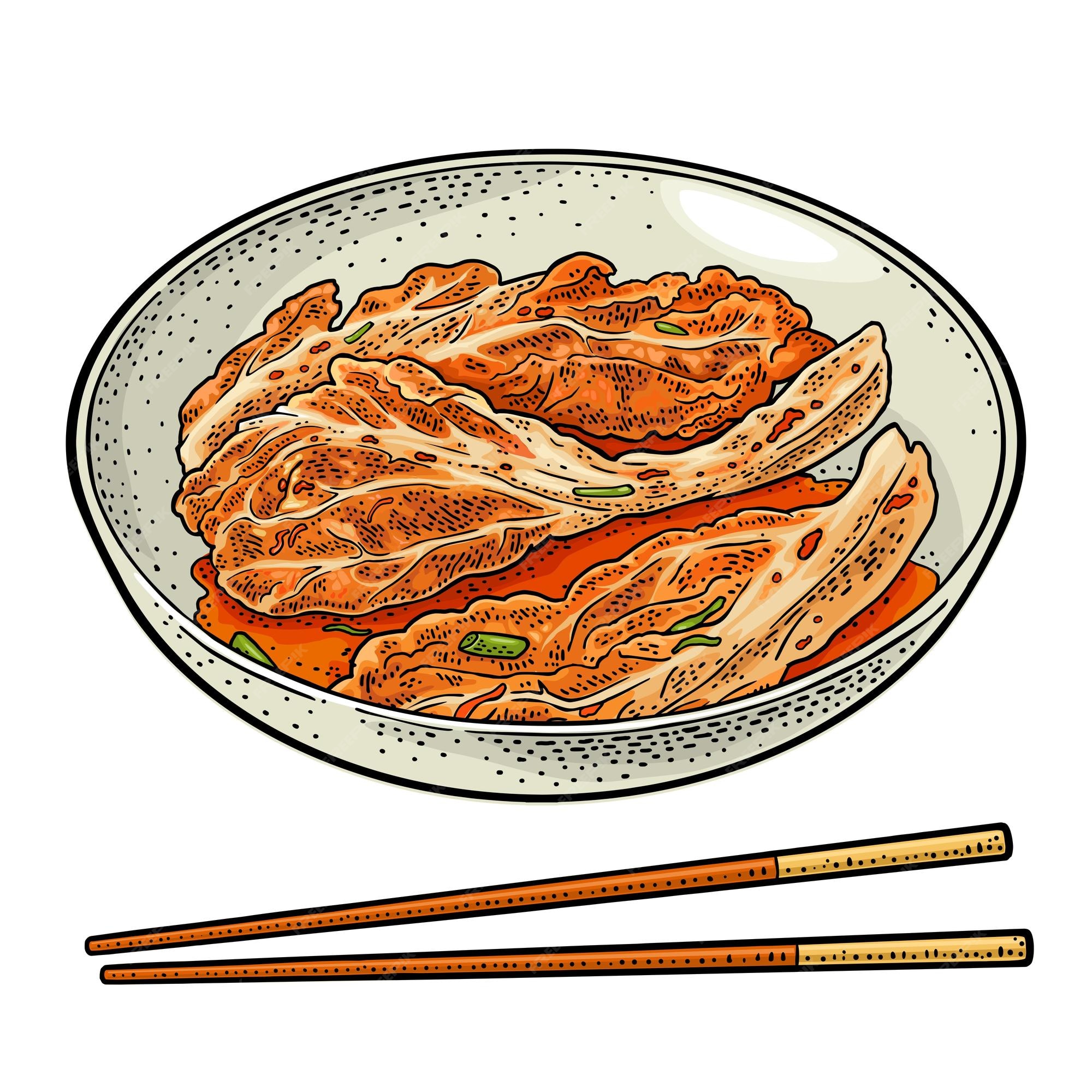 Premium vector korean food kimchi on plate with chopsticks vintage color vector engraving