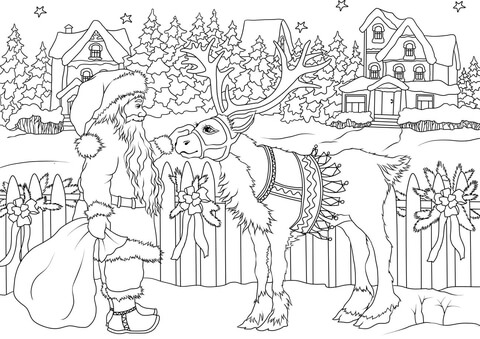 Vintage santa claus with his christmas deer coloring page free printable coloring pages