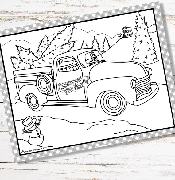 Christmas tree truck coloring page holiday pdf printable winter activity with farmhouse scene