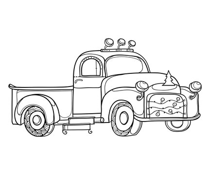Drawing of outline vintage old pickup truck with christmas tree garland in black isolated on white background vector