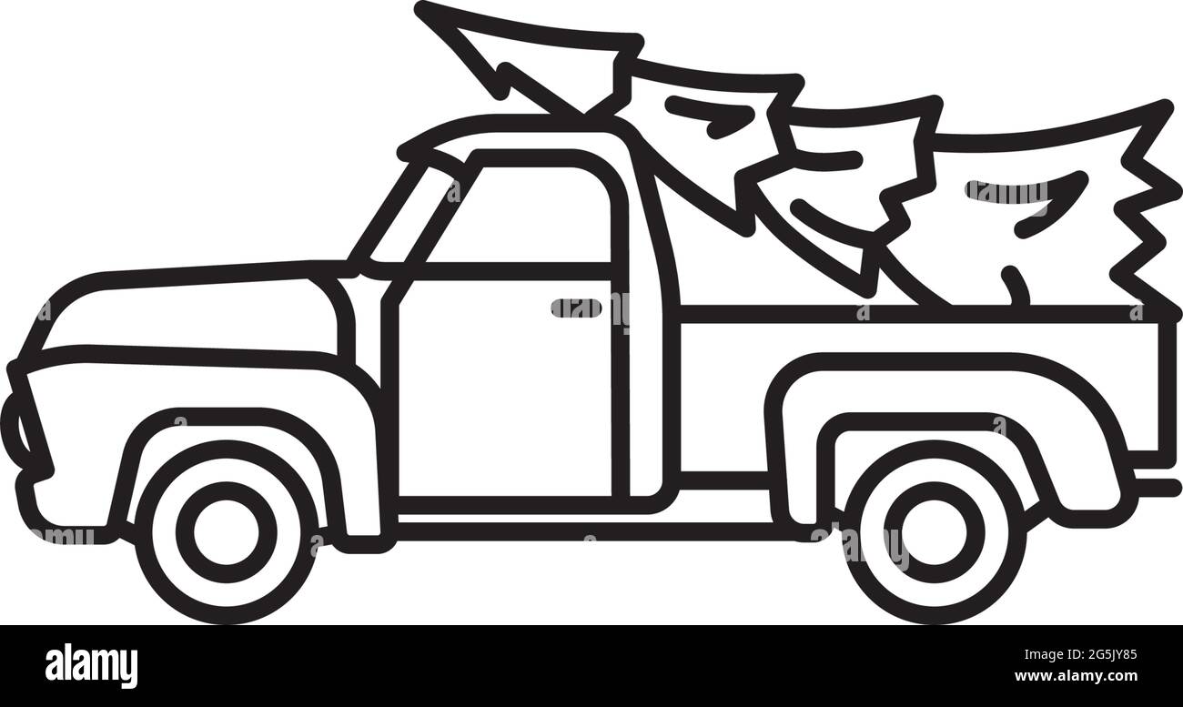 Freshly picked christmas tree on bed of vintage pickup truck vector line icon for look for an evergreen day on december stock vector image art