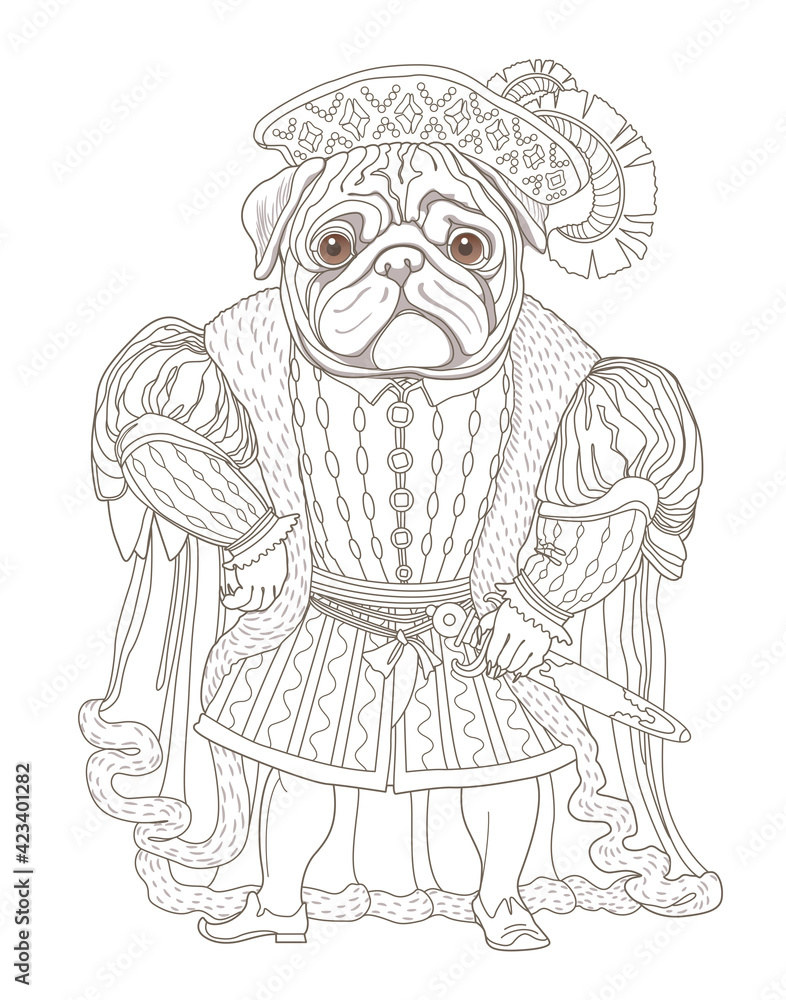 Fairy tale character of a pug dog dressed in a vintage renaissance costume a hat with