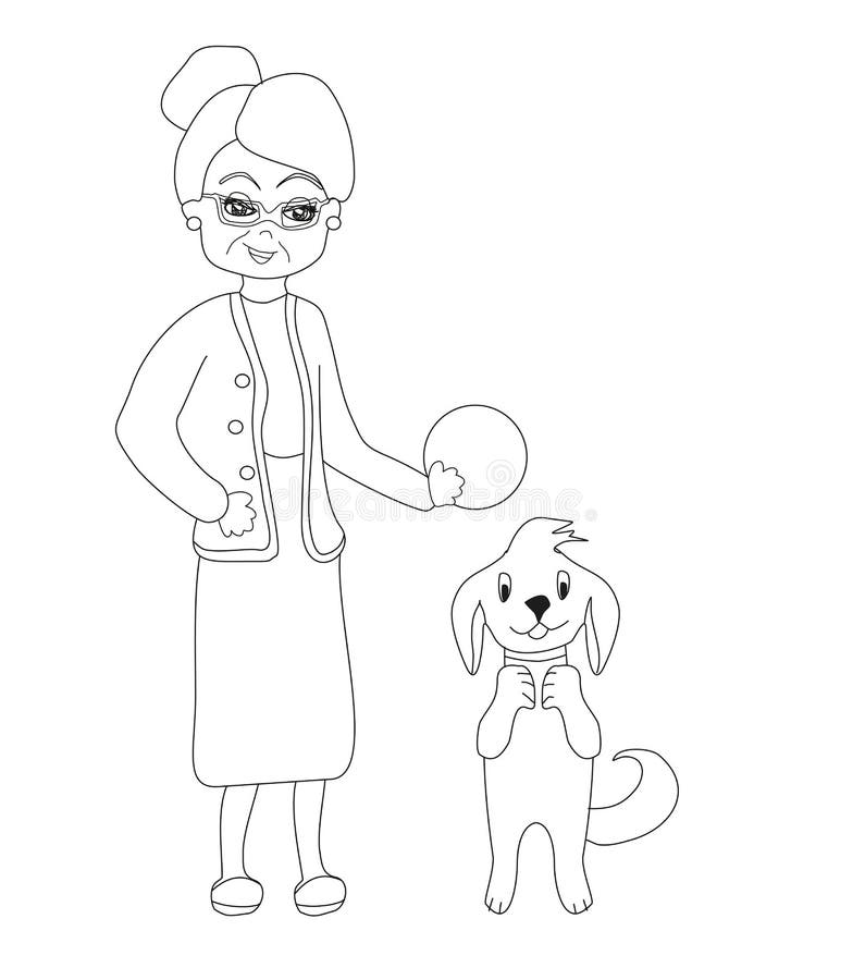 Cartoon old lady with her dog coloring book stock vector
