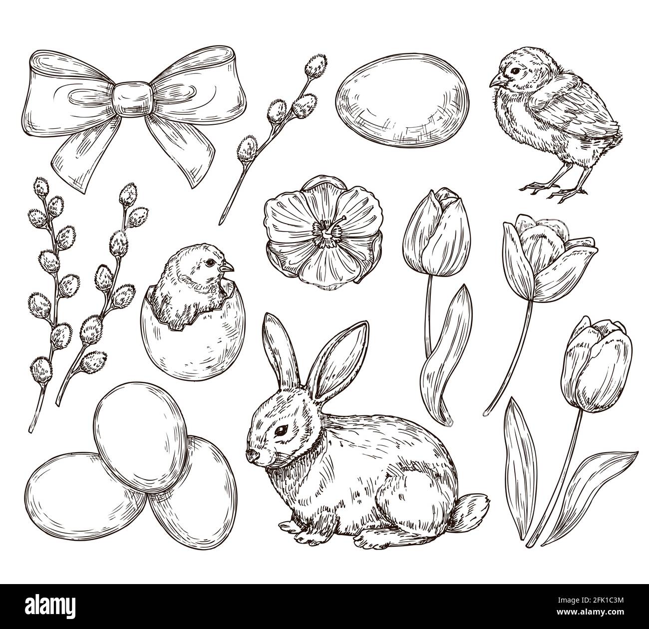 Eggs and chicken vintage easter sketch hand drawn rustic chicks bunny spring blooming tulips festive elements farm products vector set stock vector image art